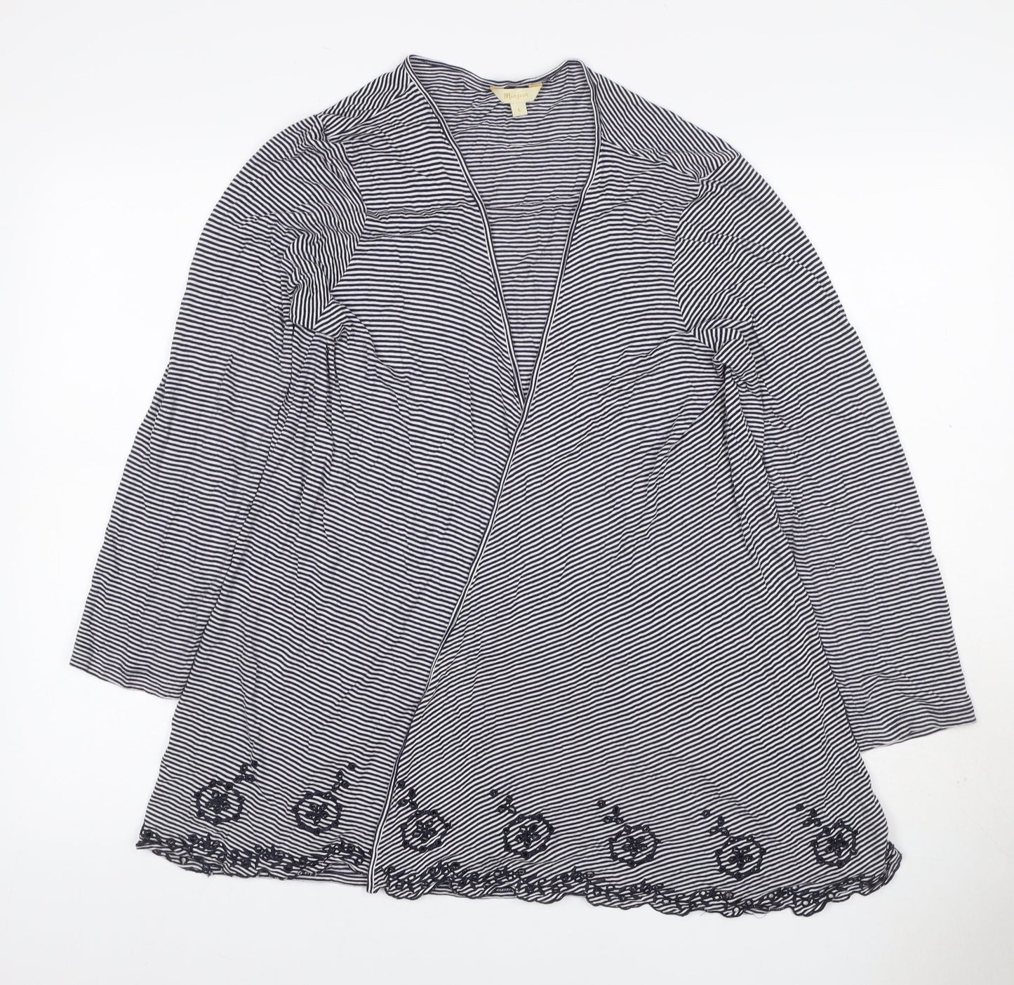 Monsoon Women Black White Striped Beaded Open Cardigan Size L V-Neck
