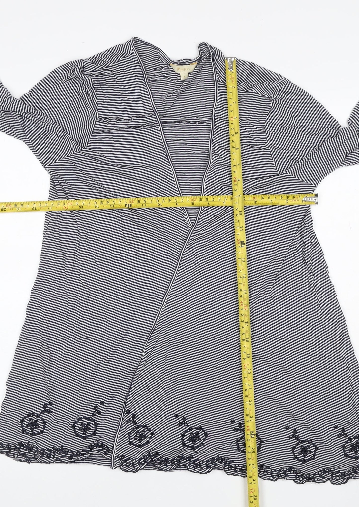 Monsoon Women Black White Striped Beaded Open Cardigan Size L V-Neck