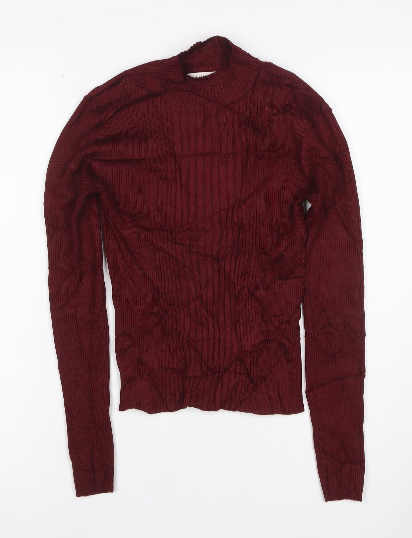 Pull&Bear Women Red M Ribbed Mock Neck Slim Knit Pullover Jumper