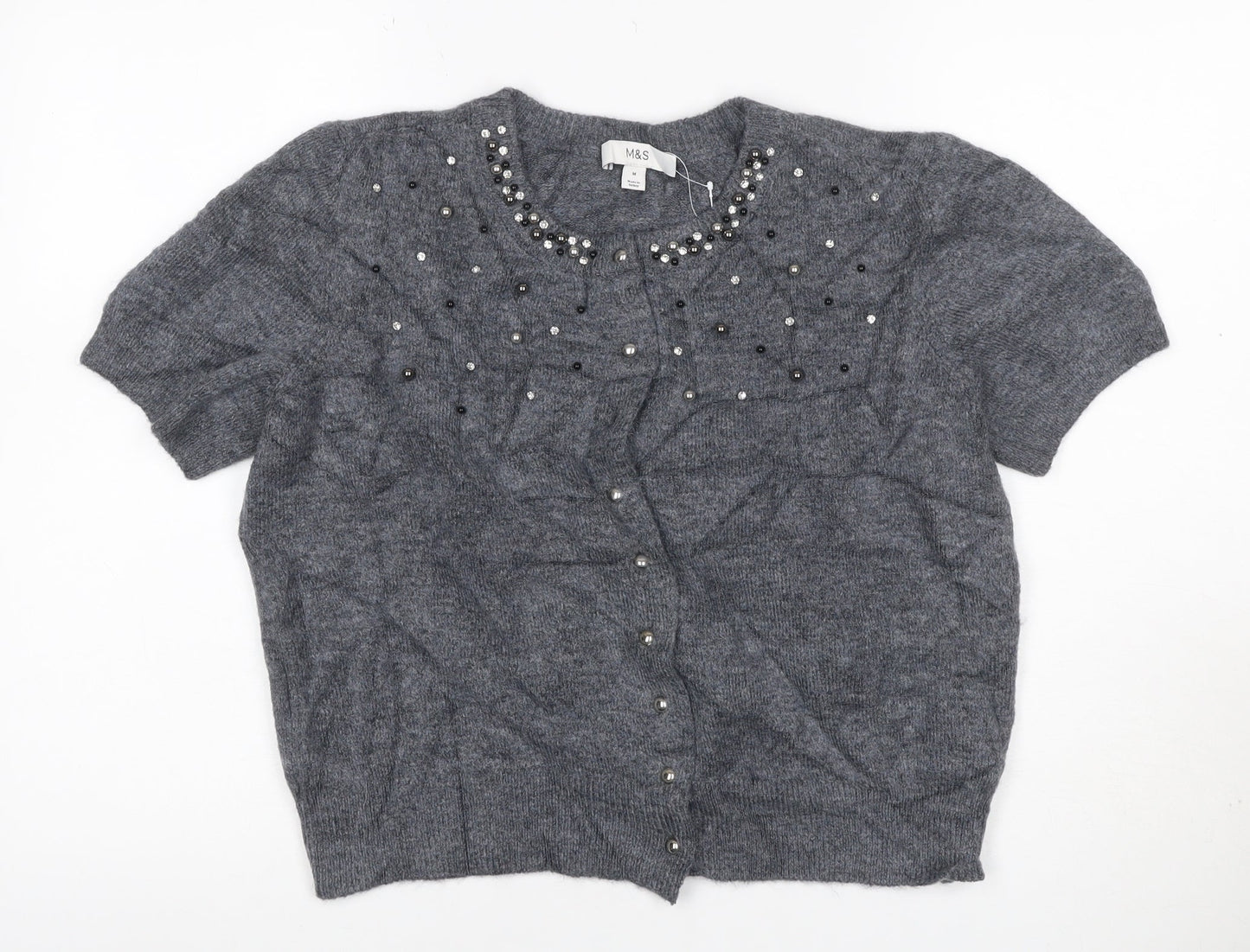 Marks and Spencer Women Grey M Beaded Rhinestone Short Sleeve Cardigan