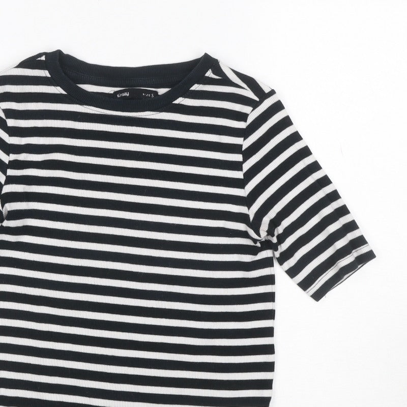Sinsay Women Black White Stripe Ribbed 3/4 Sleeve Crew Neck T-Shirt S