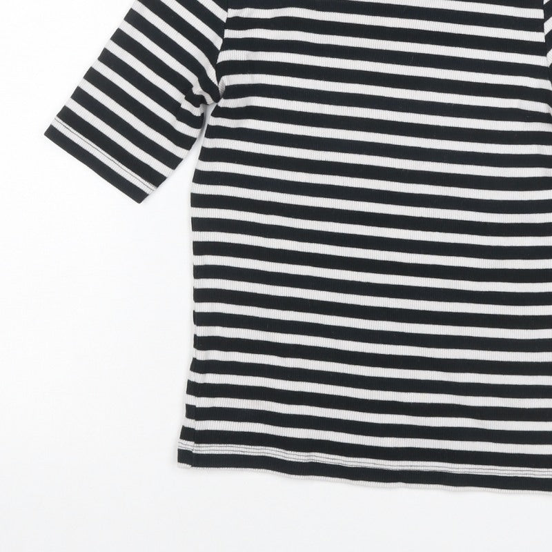 Sinsay Women Black White Stripe Ribbed 3/4 Sleeve Crew Neck T-Shirt S