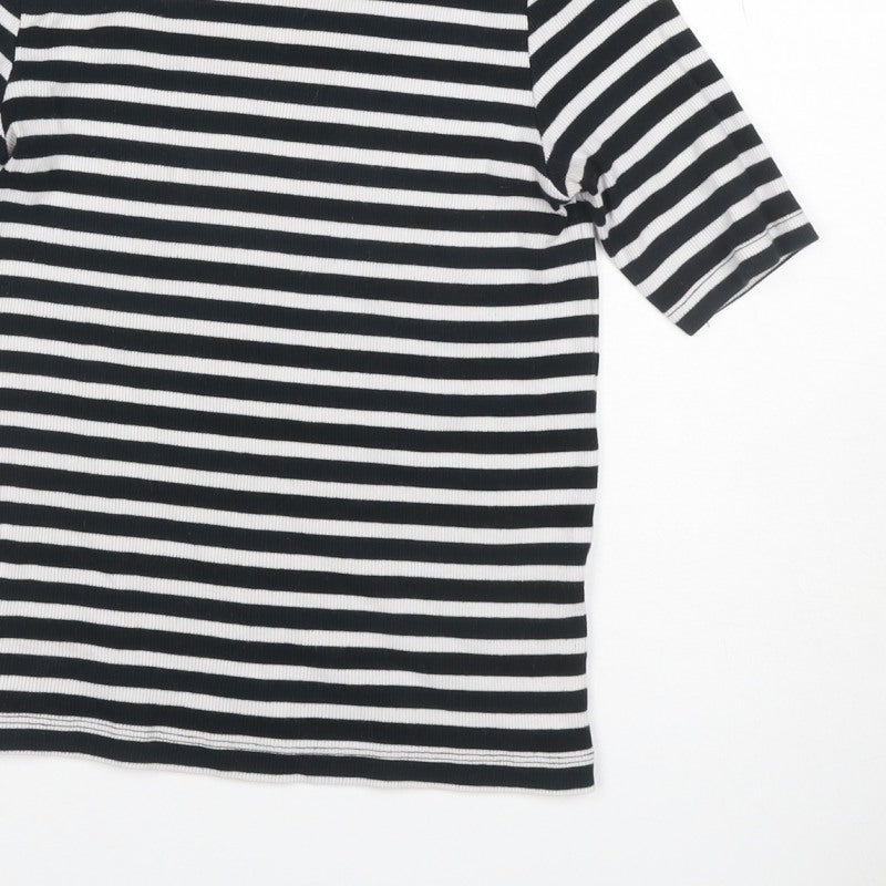 Sinsay Women Black White Stripe Ribbed 3/4 Sleeve Crew Neck T-Shirt S