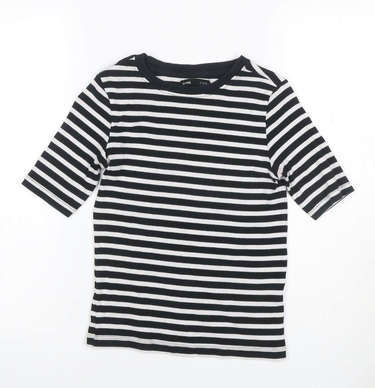 Sinsay Women Black White Stripe Ribbed 3/4 Sleeve Crew Neck T-Shirt S