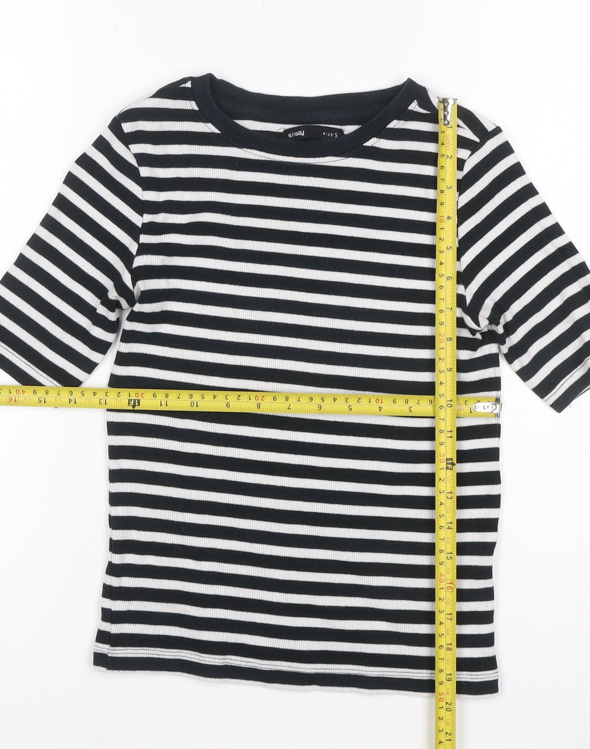 Sinsay Women Black White Stripe Ribbed 3/4 Sleeve Crew Neck T-Shirt S