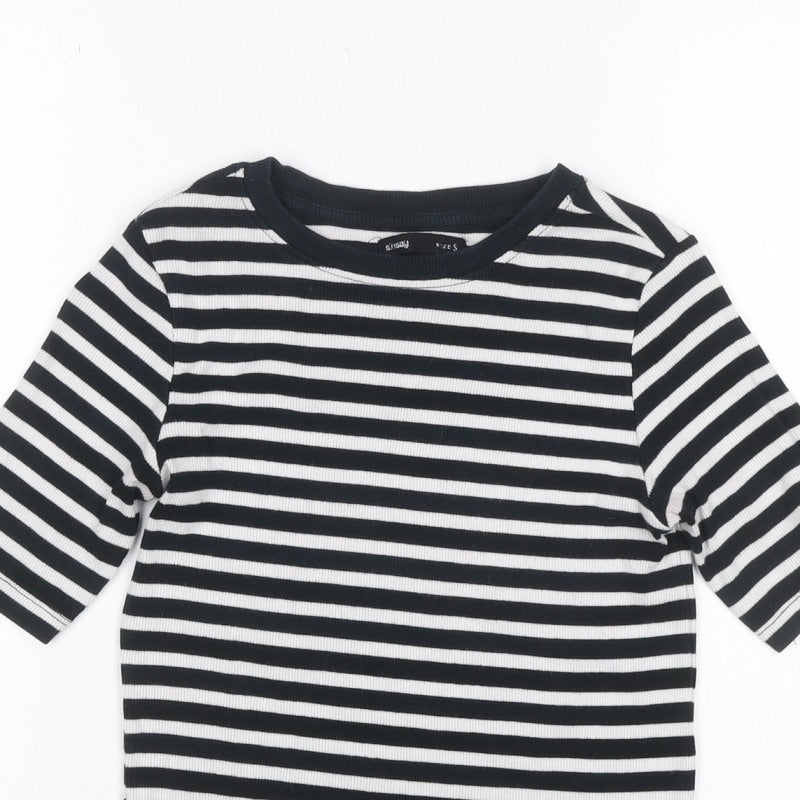 Sinsay Women Black White Stripe Ribbed 3/4 Sleeve Crew Neck T-Shirt S