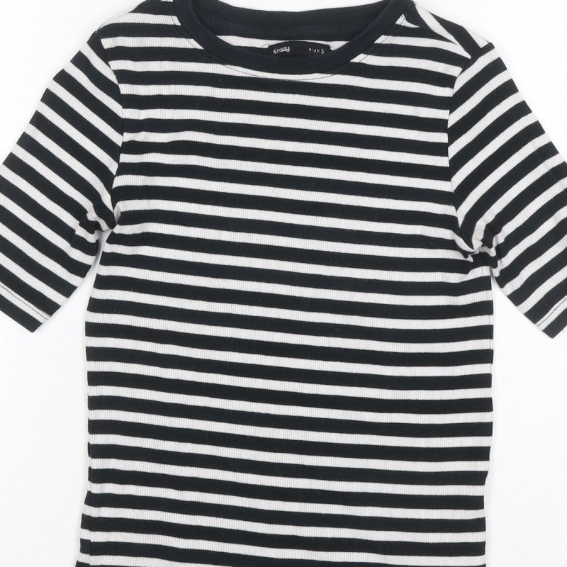 Sinsay Women Black White Stripe Ribbed 3/4 Sleeve Crew Neck T-Shirt S