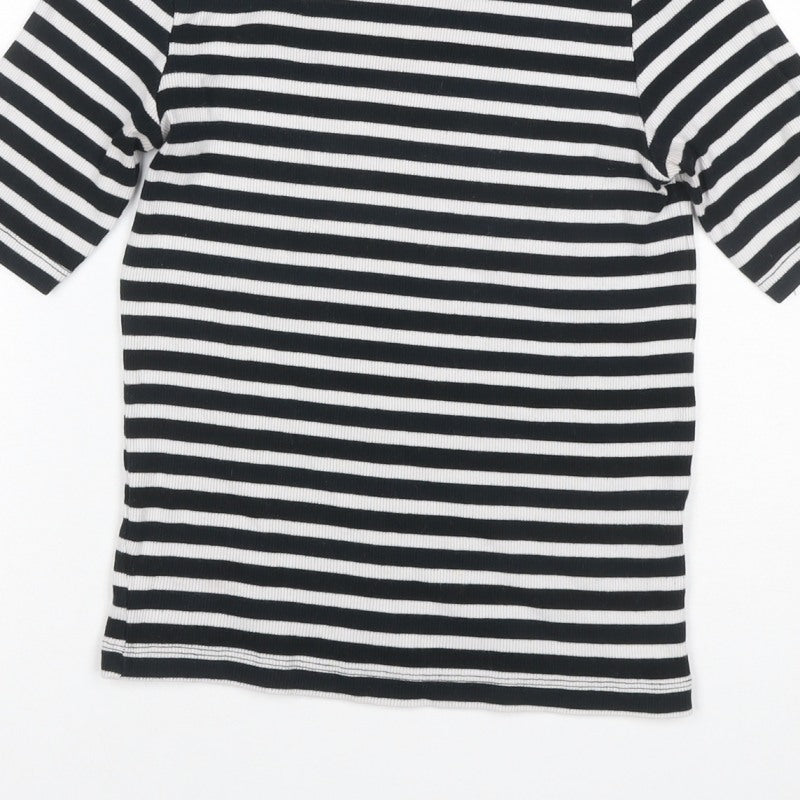 Sinsay Women Black White Stripe Ribbed 3/4 Sleeve Crew Neck T-Shirt S