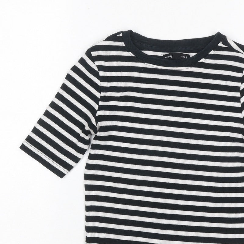 Sinsay Women Black White Stripe Ribbed 3/4 Sleeve Crew Neck T-Shirt S