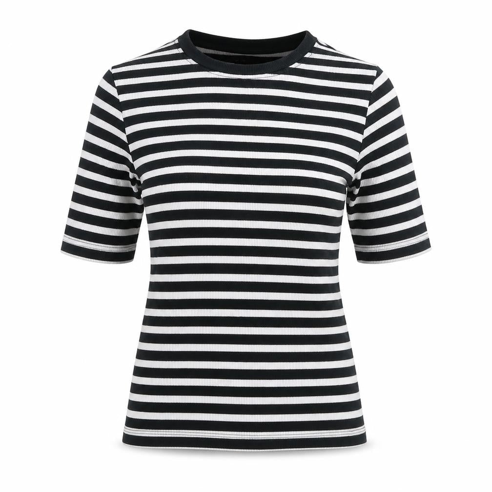Sinsay Women Black White Stripe Ribbed 3/4 Sleeve Crew Neck T-Shirt S