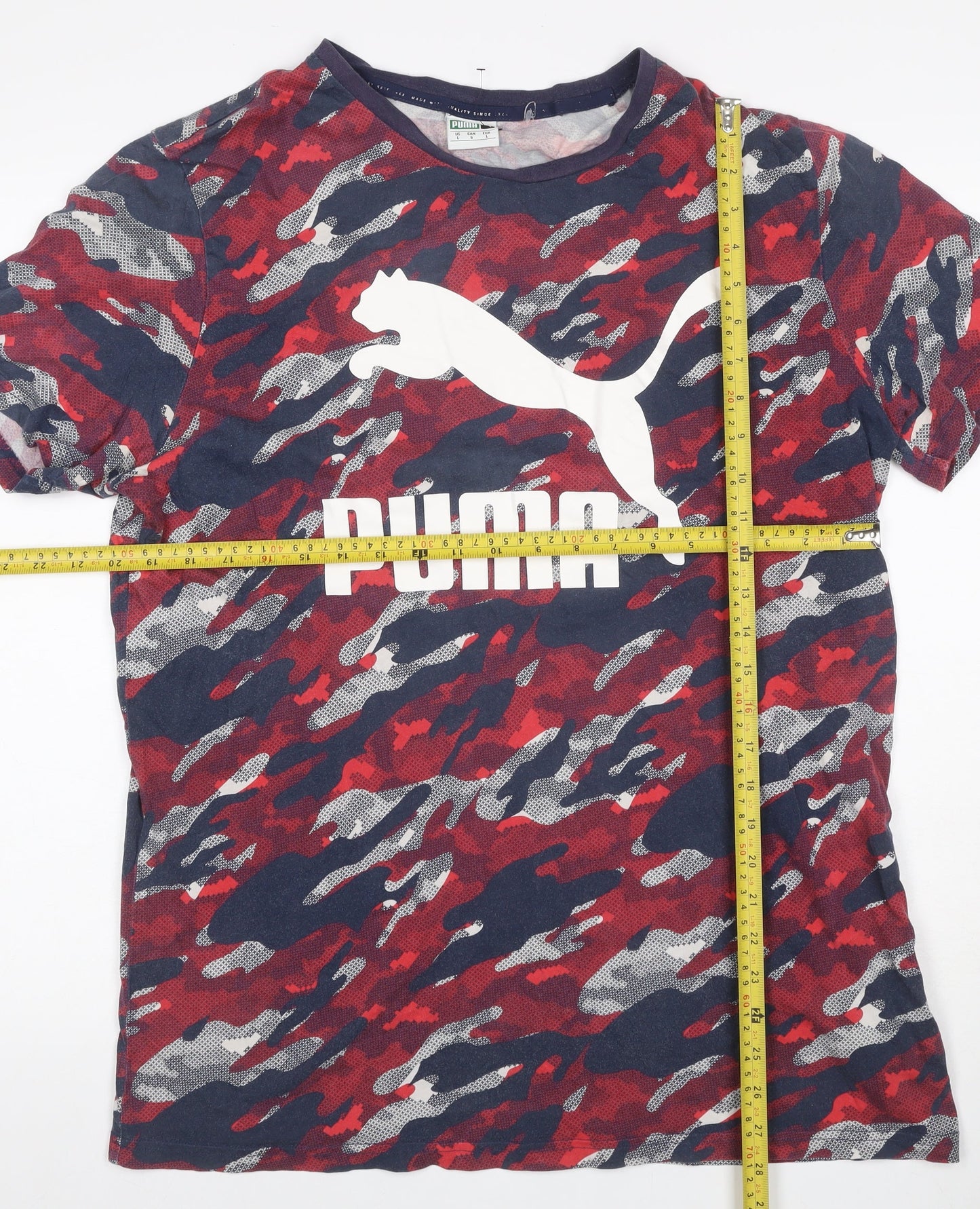 Puma Men's Red Blue Camo Logo Graphic Crew Neck T-Shirt Size L