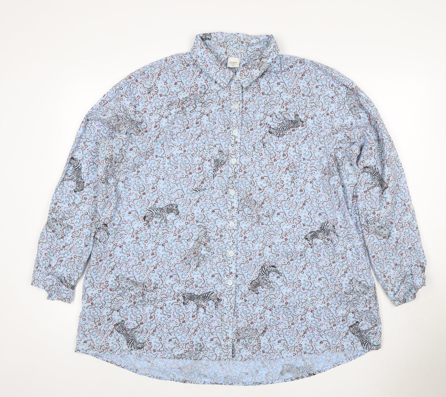 Cotton Traders Women Blue Size 20 Floral Zebra Cotton Button-Up Shirt