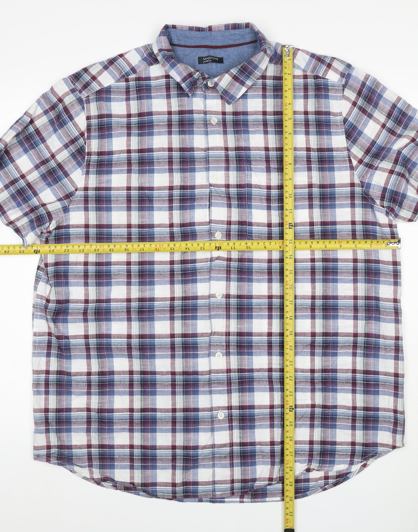 Sandstone by M&Co Men's Blue Check Cotton Short Sleeve Button-Up Shirt XL