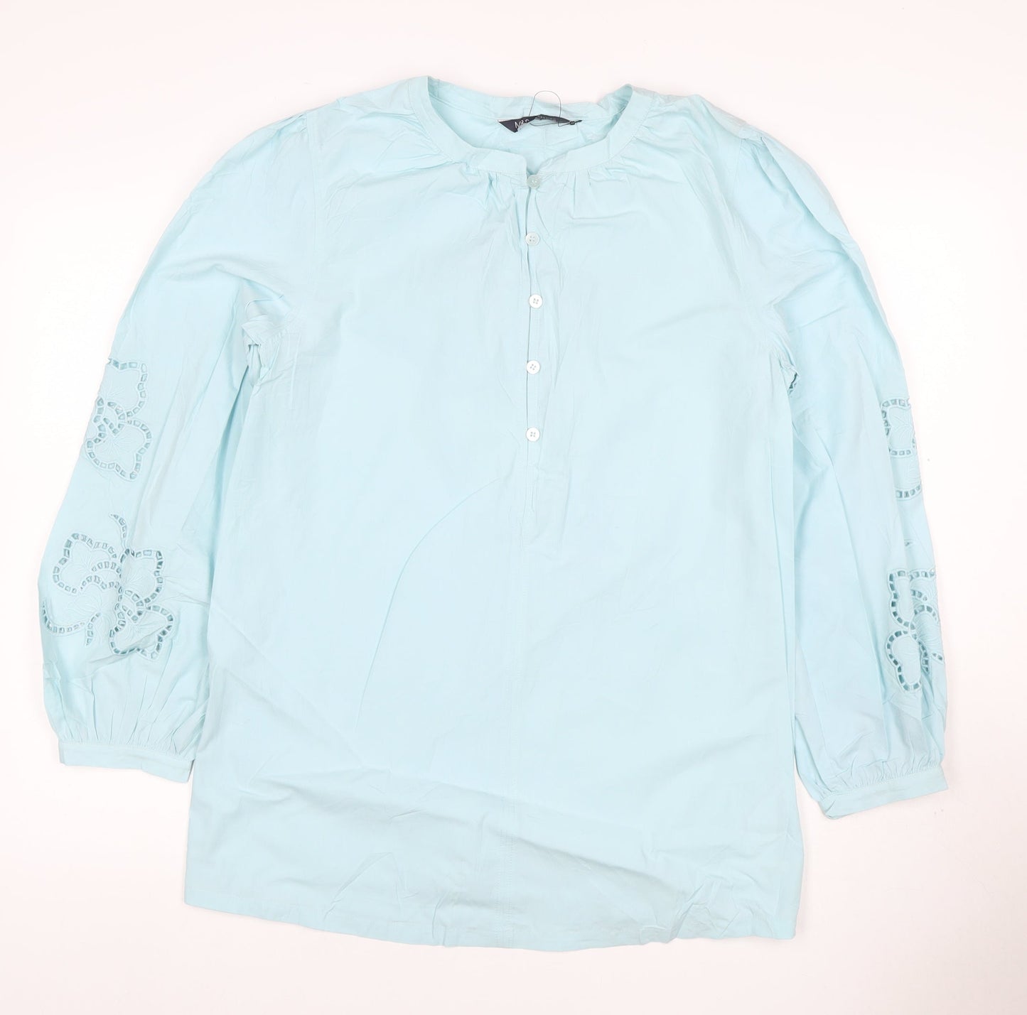 M&S Women Blue Size 10 Cotton Embroidered Long Sleeve Tunic Blouse