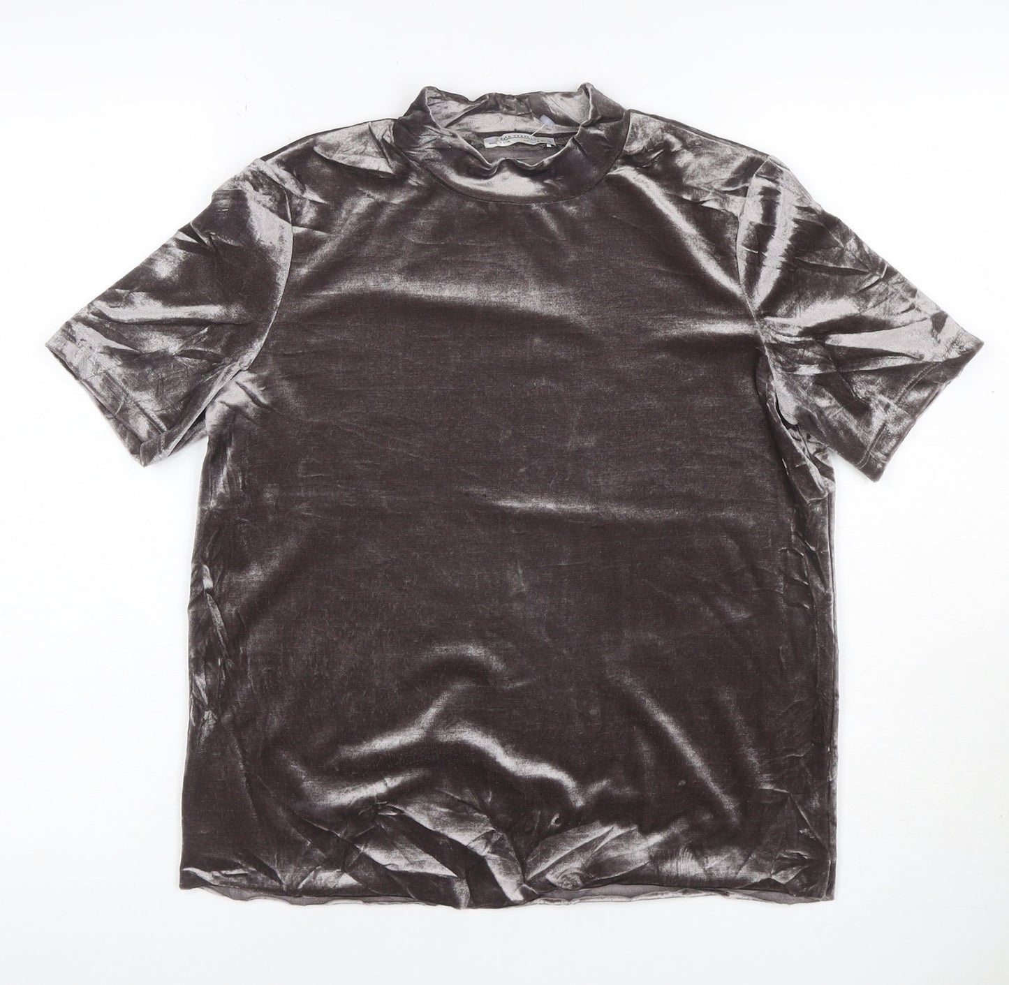 Zara Women Grey Velvet High Neck Short Sleeve T-Shirt Size M