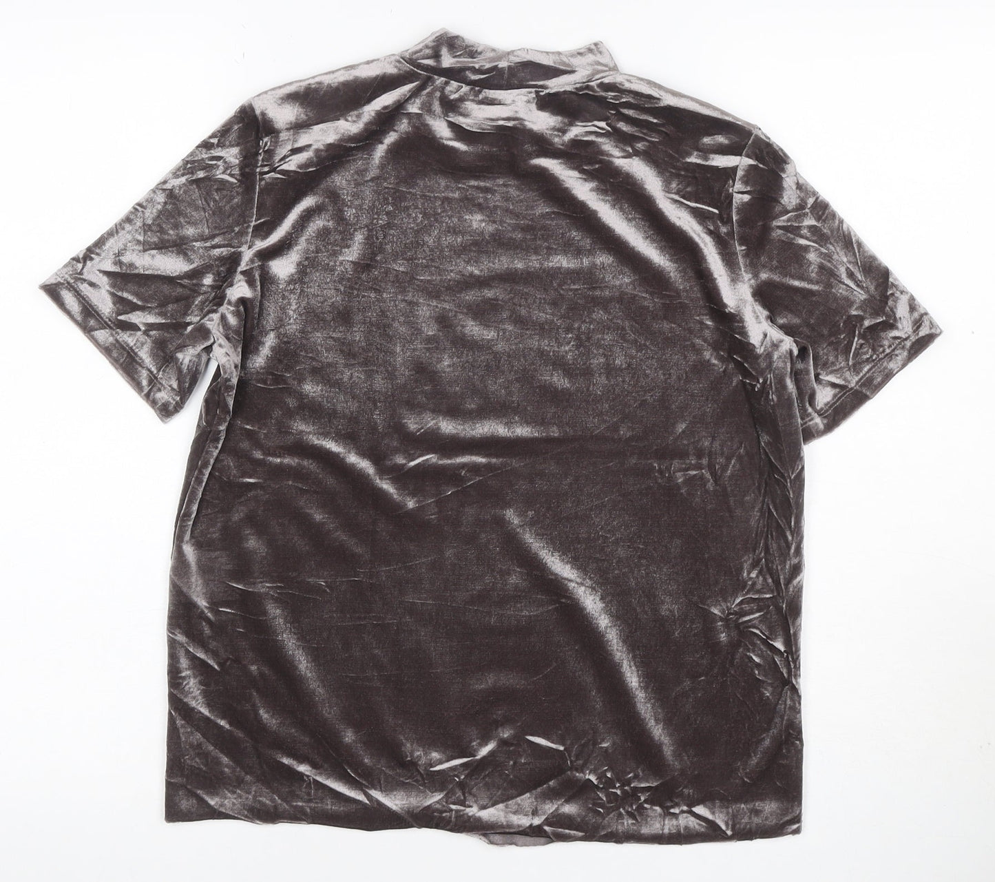 Zara Women Grey Velvet High Neck Short Sleeve T-Shirt Size M