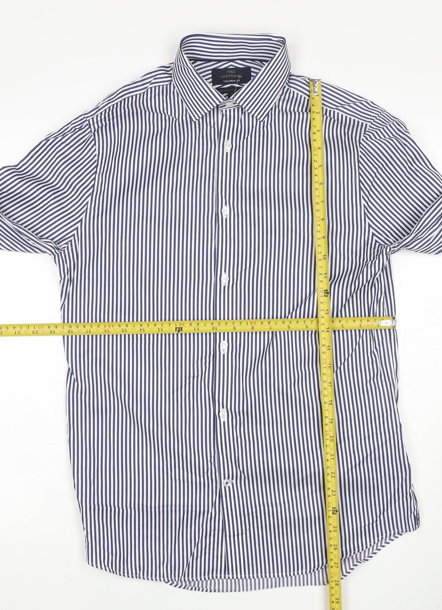 M&S Sartorial Men Blue Stripe Slim Fit Cotton Shirt 15 Long Sleeve