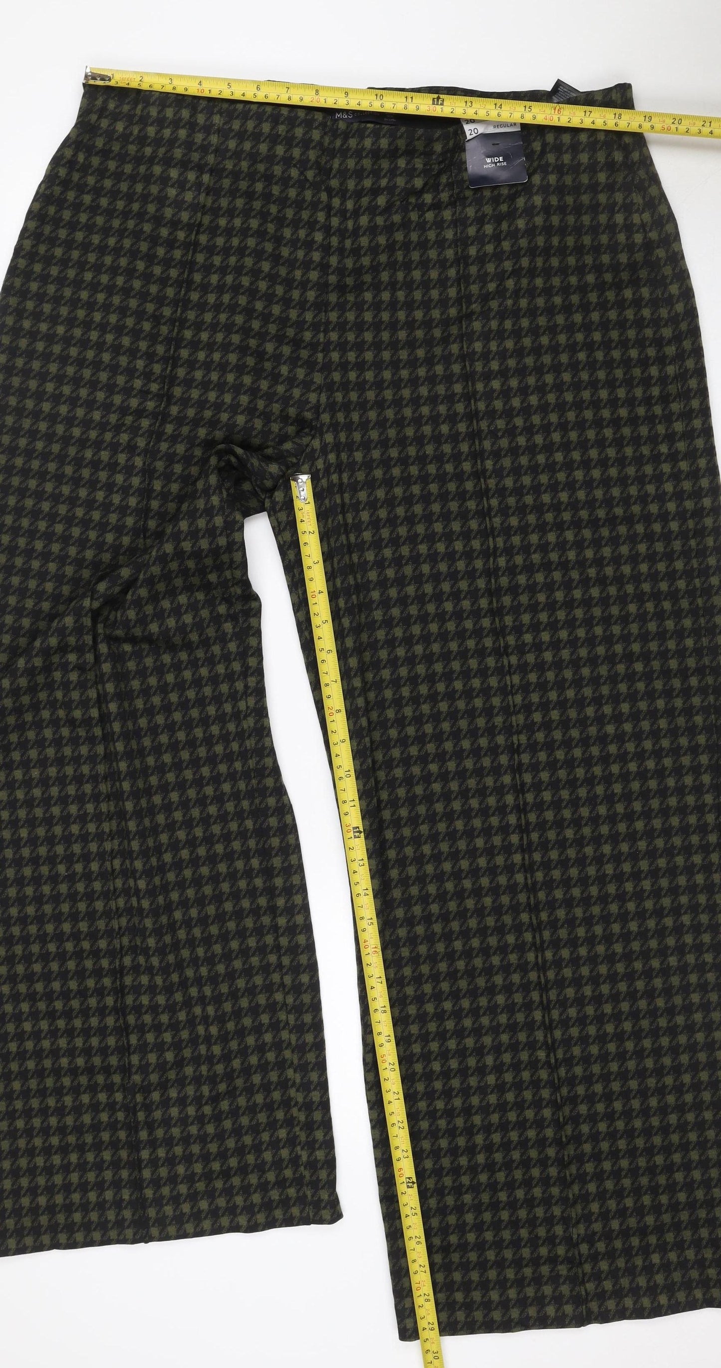 Marks & Spencer Women Green Check Wide Leg Trousers UK 20 Regular