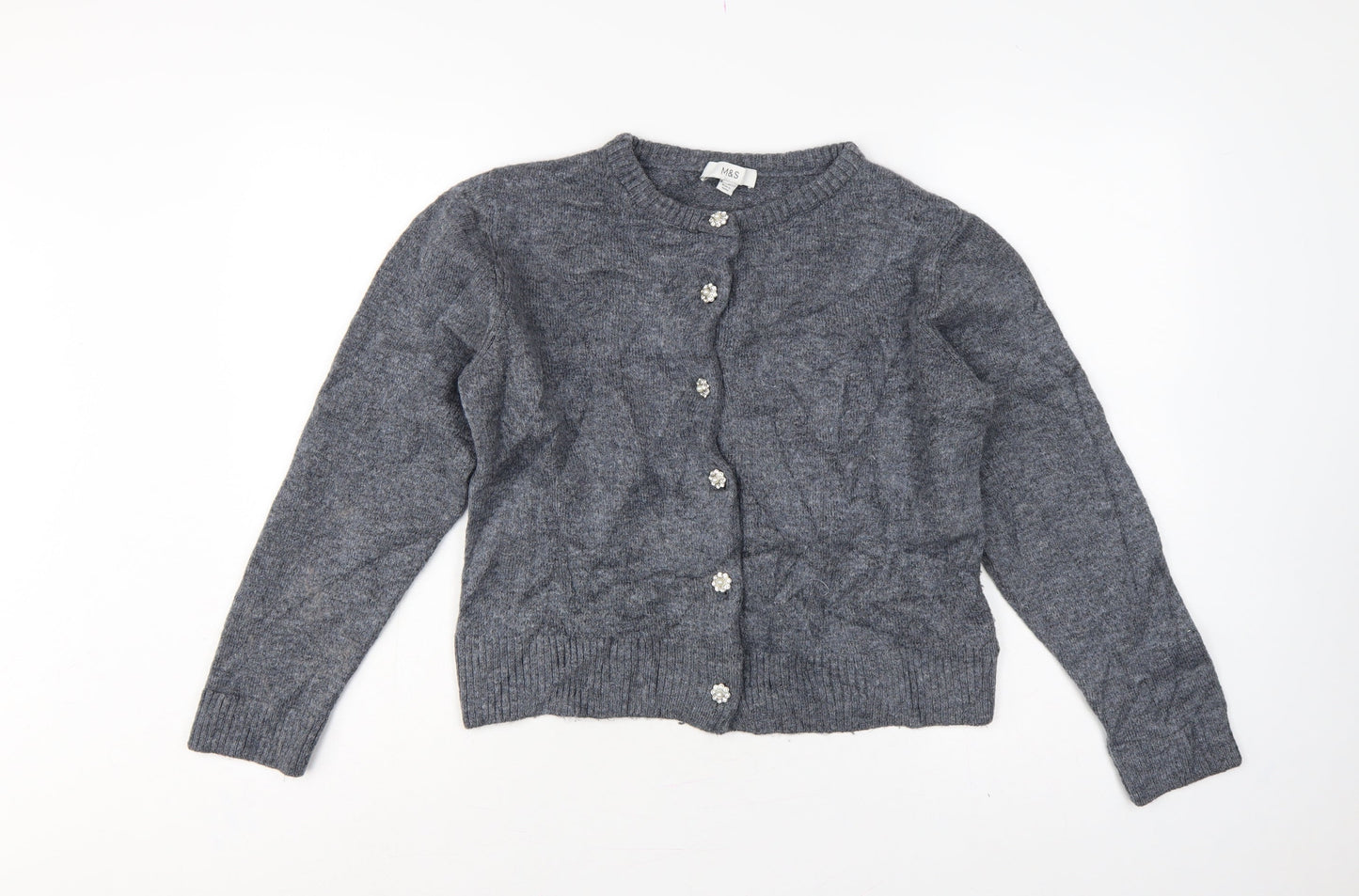 M&S Women Grey M Knit Crew Neck Jewel Button Cardigan