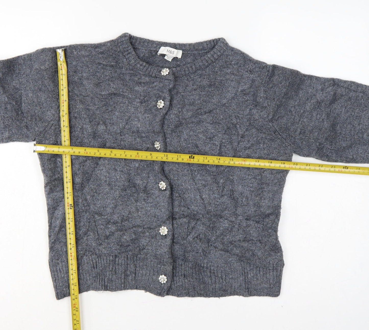 M&S Women Grey M Knit Crew Neck Jewel Button Cardigan