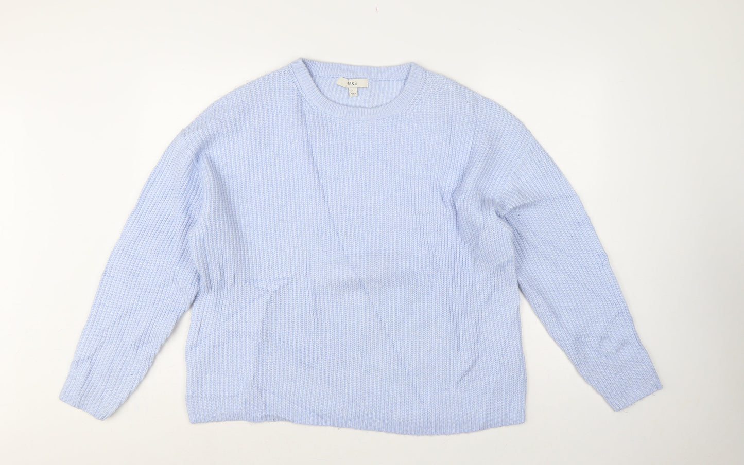 Marks and Spencer Women Blue L Rib Knit Crew Neck Jumper