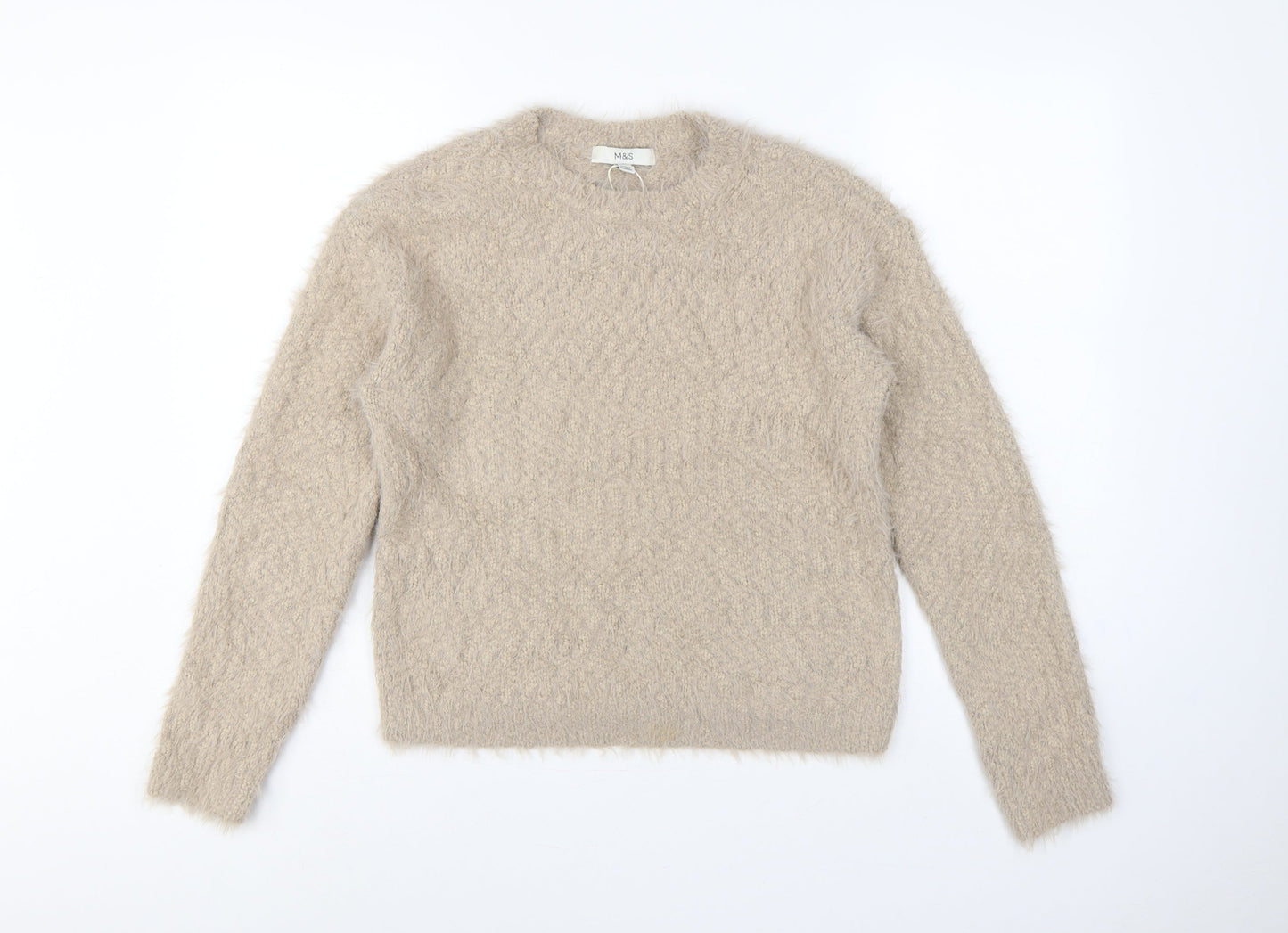 Marks & Spencer Women Beige Size S Fuzzy Knit Crew Neck Jumper