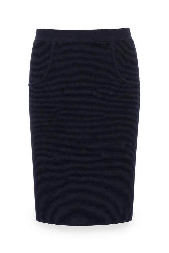 Front view of Jaeger Women’s Navy S Rib Knit Wool Pencil Midi Skirt with Pockets