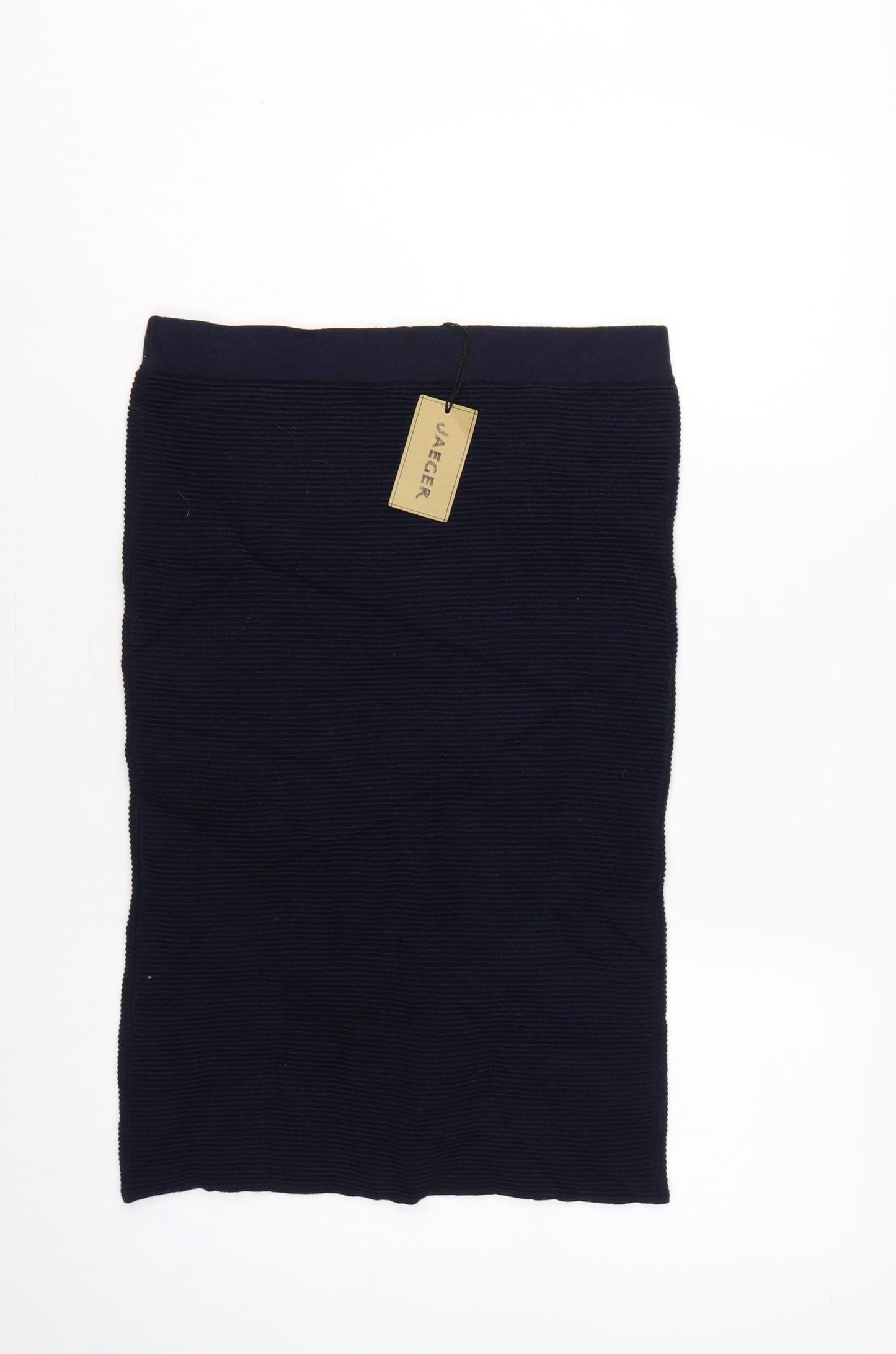 Jaeger Women’s Navy S Rib Knit Wool Pencil Midi Skirt with Pockets