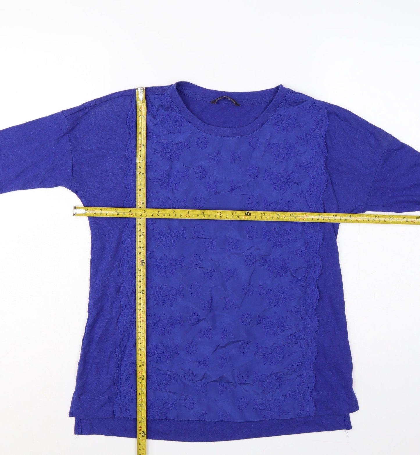 Marks & Spencer Women Blue UK 12 Embroidered Floral Linen Blend Tunic Top