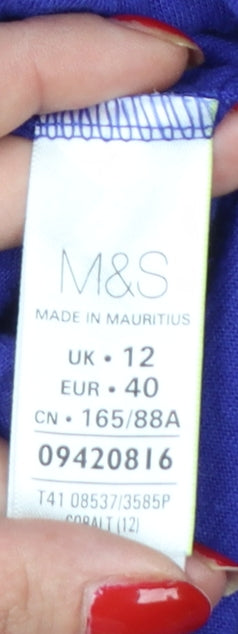 Marks & Spencer Women Blue UK 12 Embroidered Floral Linen Blend Tunic Top