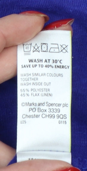 Marks & Spencer Women Blue UK 12 Embroidered Floral Linen Blend Tunic Top