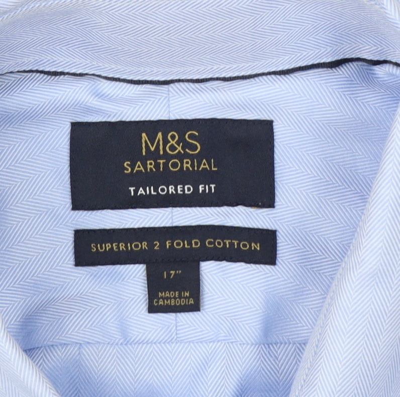 Marks and Spencer Men Blue L 17in Slim Herringbone Cotton Dress Shirt