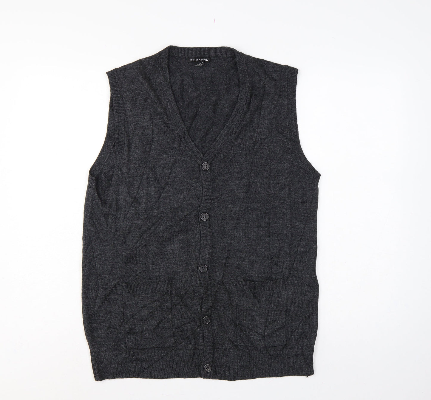 Selection Men’s Grey L Button V-Neck Sleeveless Knit Cardigan Vest