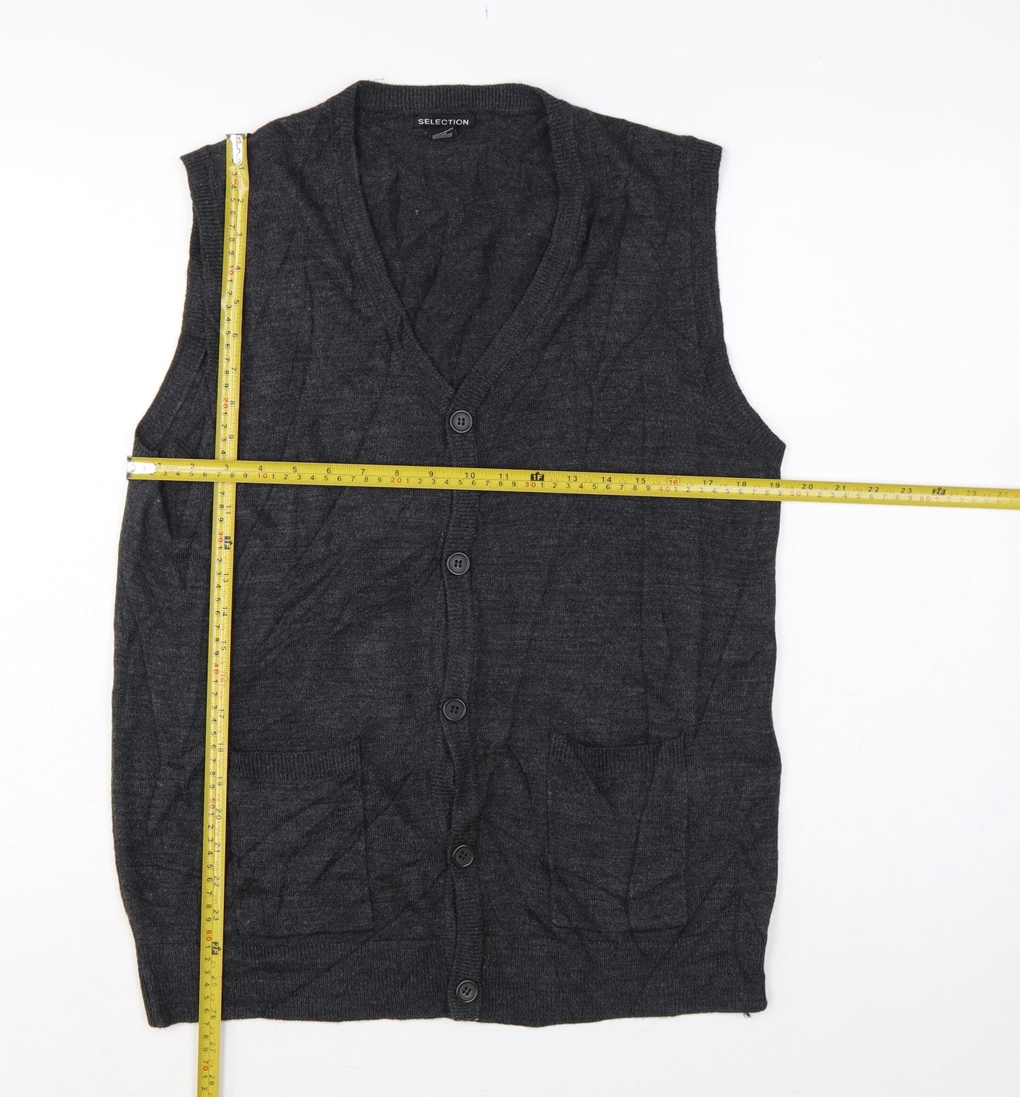 Selection Men’s Grey L Button V-Neck Sleeveless Knit Cardigan Vest