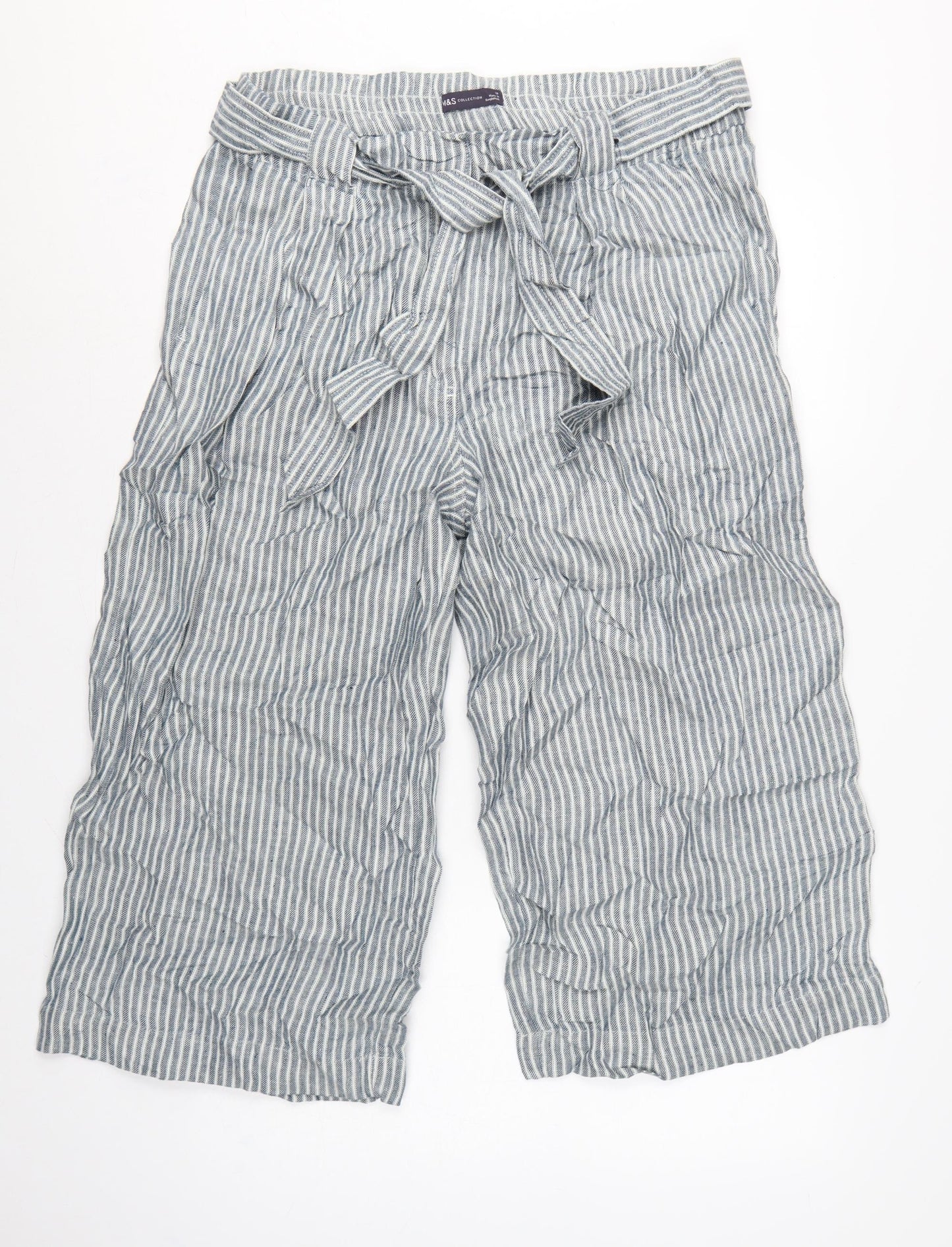 Marks & Spencer Women Blue Stripe UK 18 Linen Paperbag Wide Leg Trousers