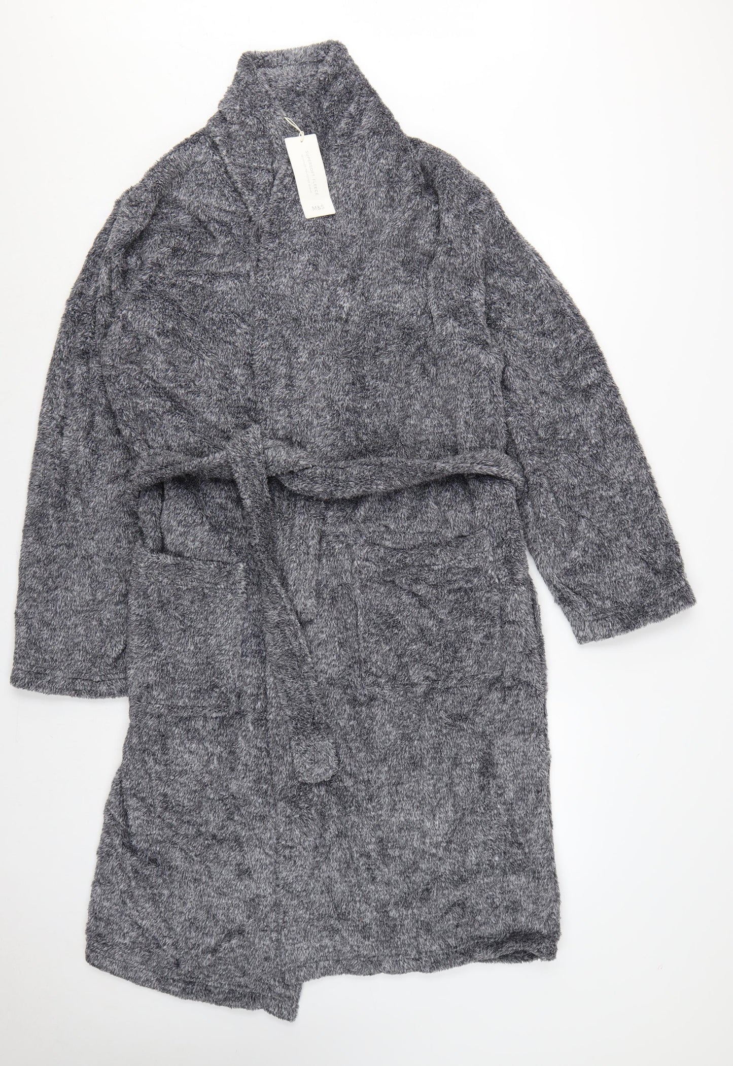 Marks and Spencer Men Grey S Fleece Belted Dressing Gown Robe