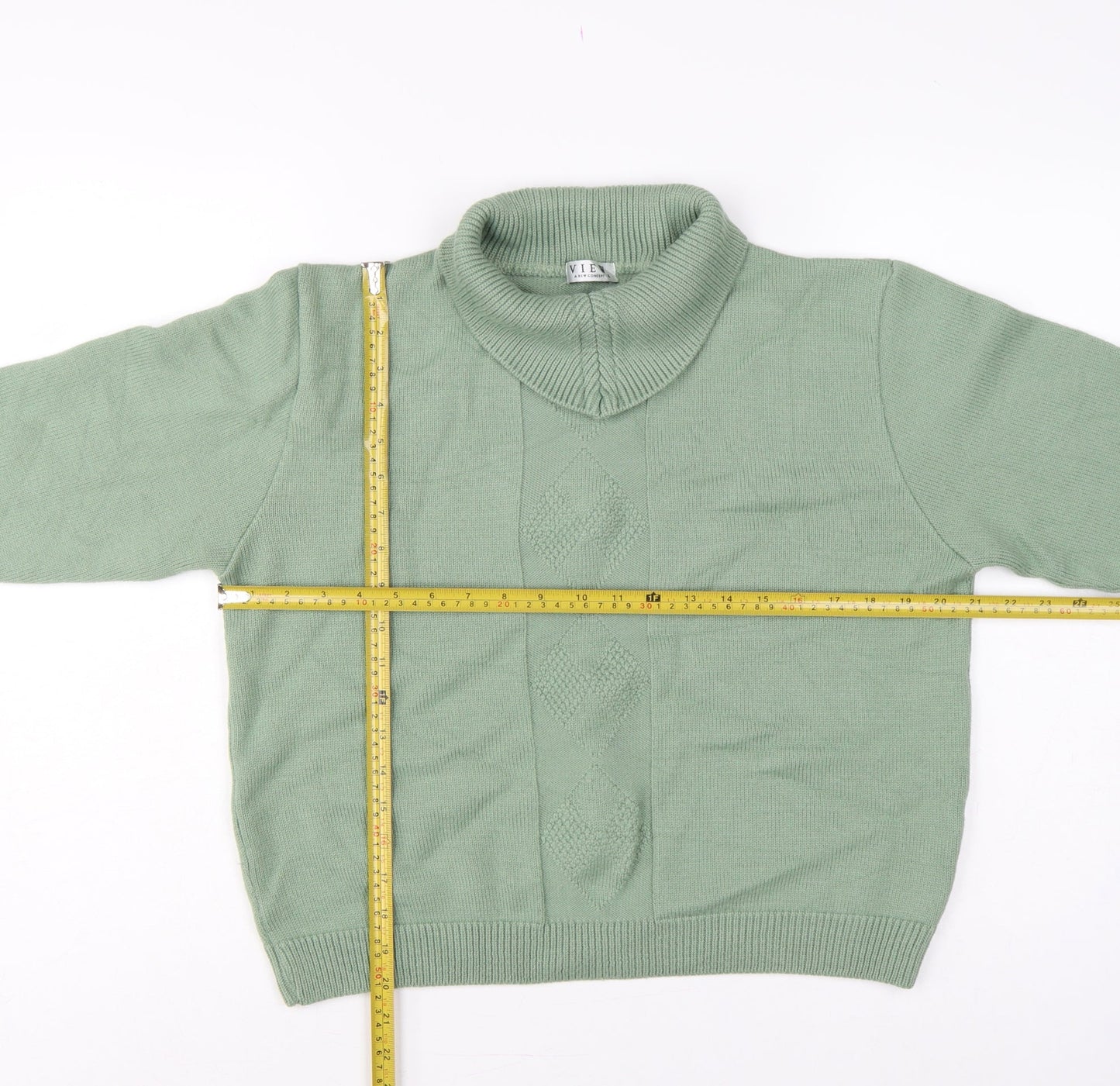 View Women’s Sage Green L Merino Wool Blend Roll Neck Argyle Jumper