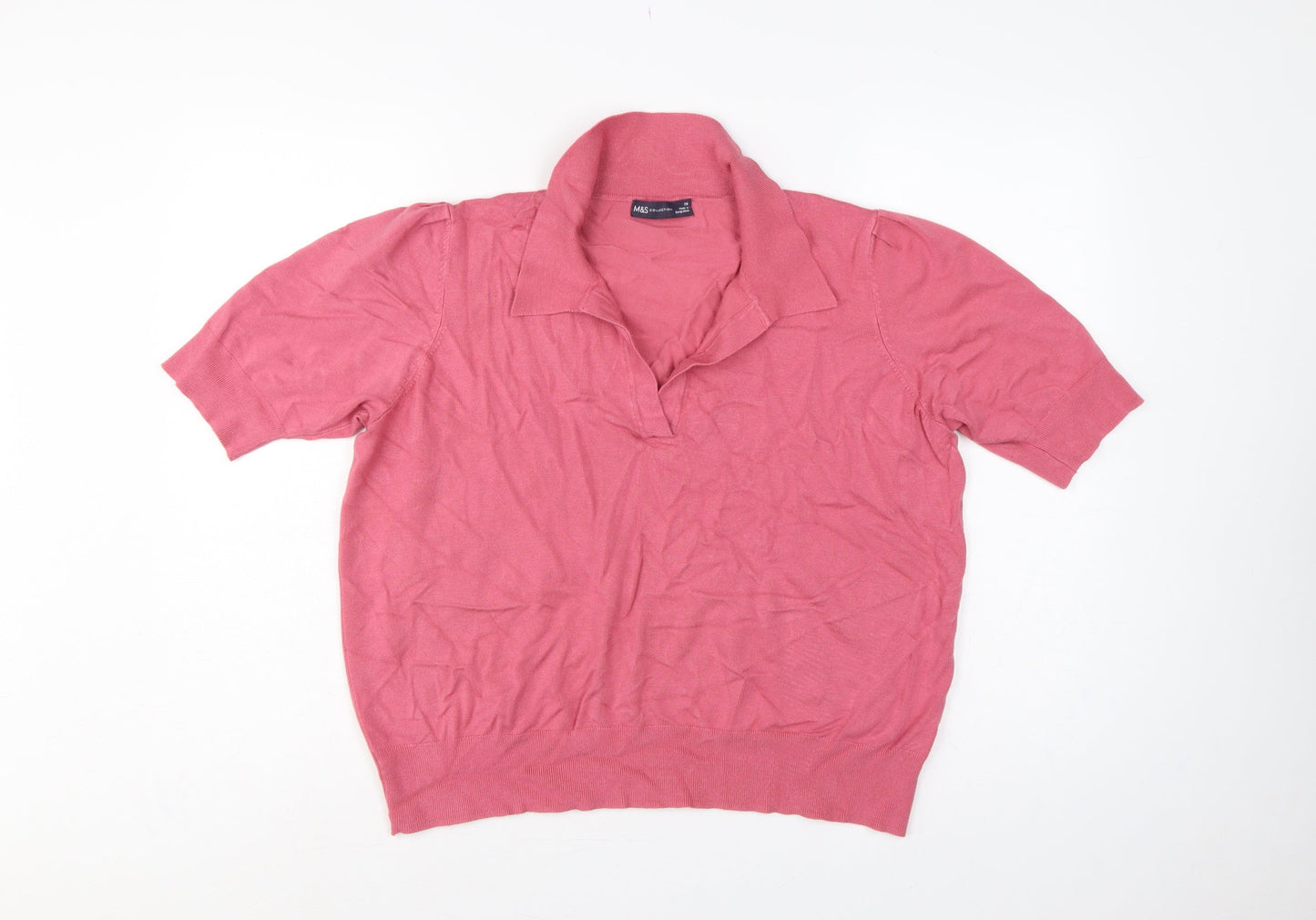 M&S Womens Pink Size 20 Collared Short Sleeve Fine Knit Jumper
