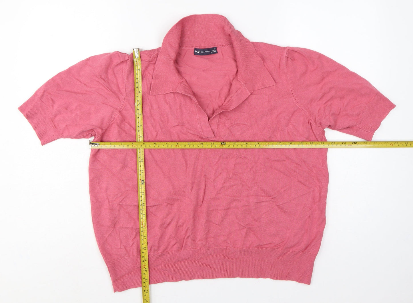 M&S Womens Pink Size 20 Collared Short Sleeve Fine Knit Jumper