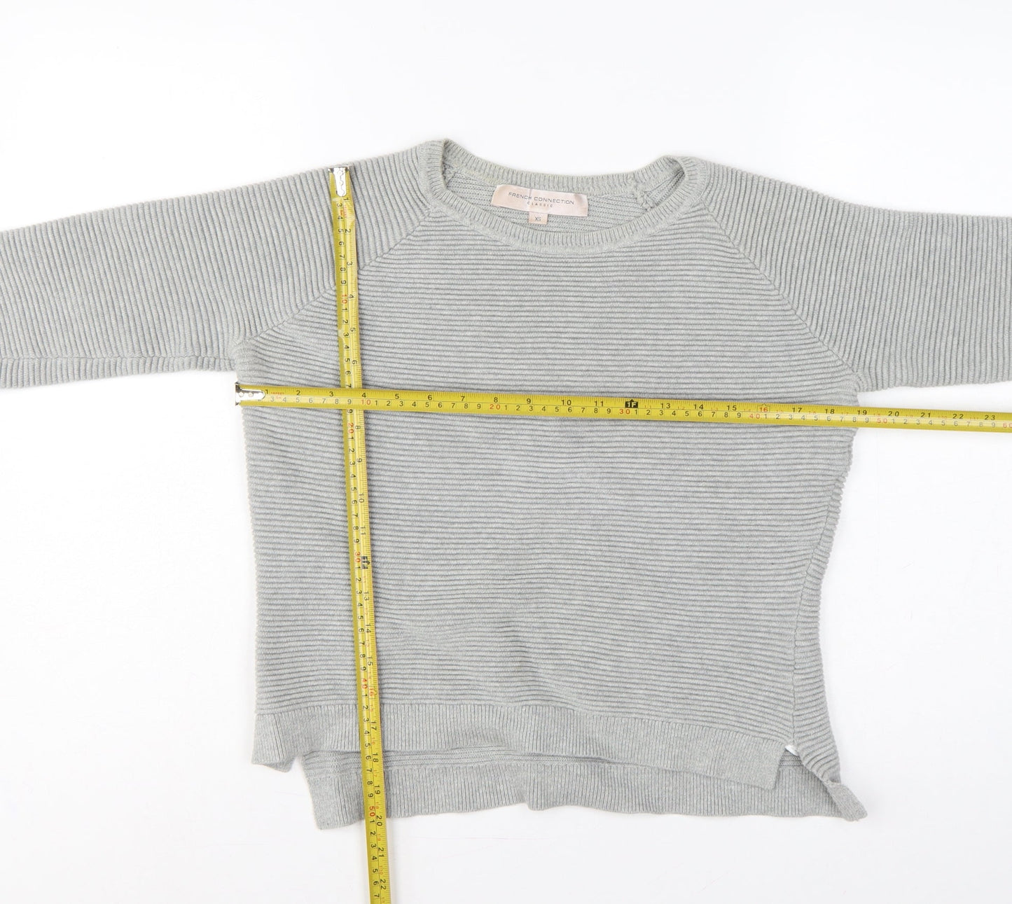 French Connection Women’s Grey XS Cotton Rib Knit Raglan Pullover Jumper