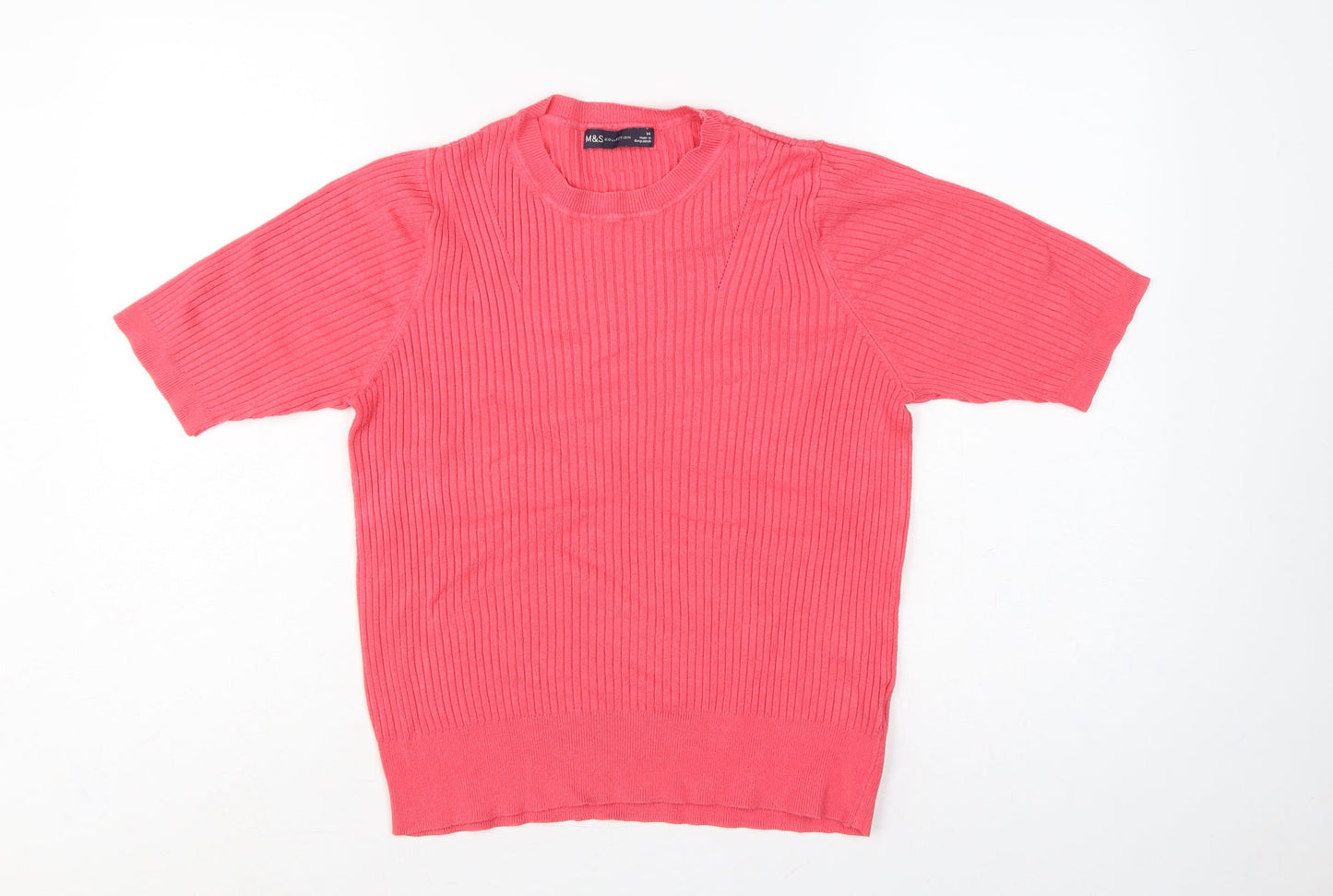 Marks and Spencer Women's Pink 14 Ribbed Short Sleeve Crew Neck Jumper