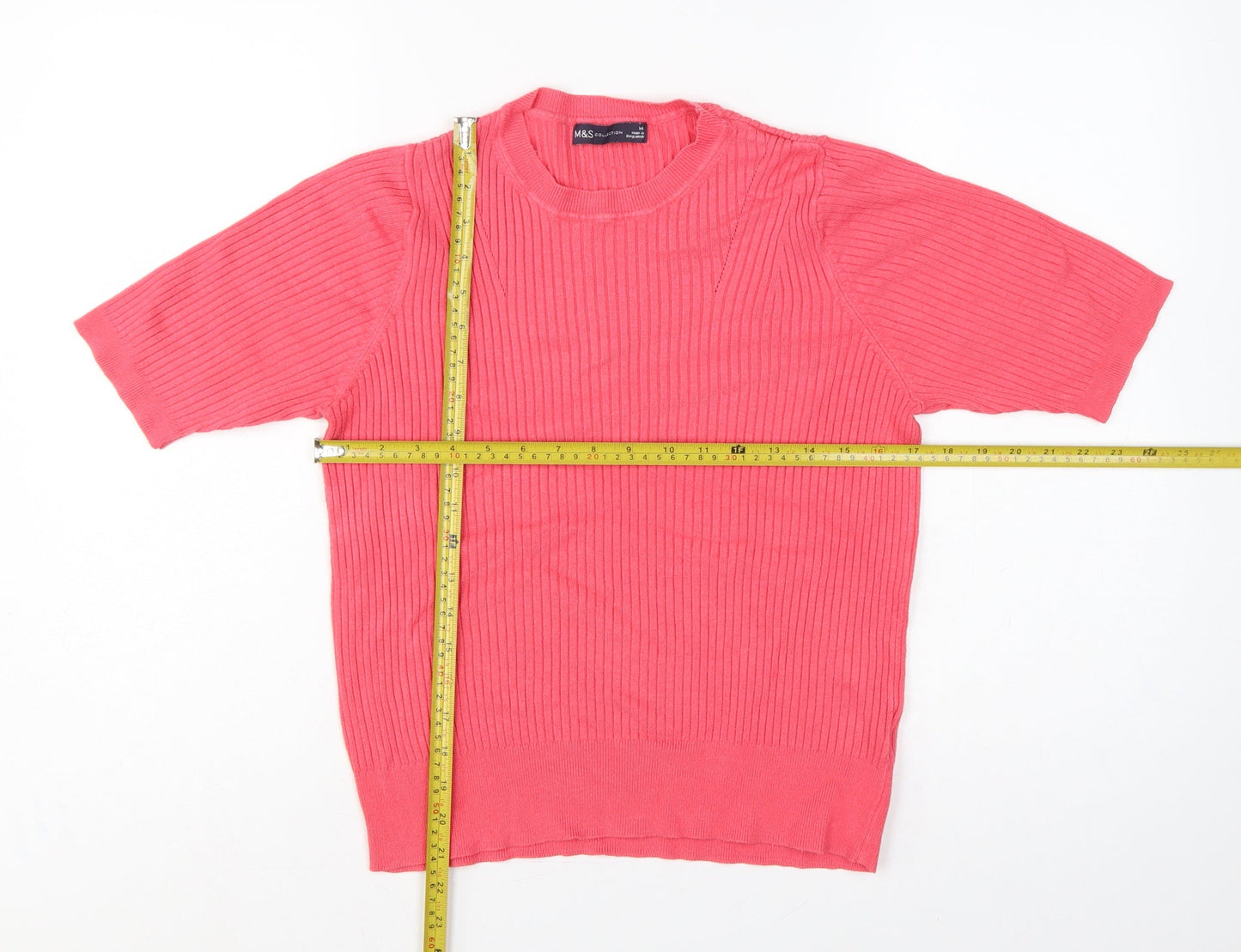 Marks and Spencer Women's Pink 14 Ribbed Short Sleeve Crew Neck Jumper