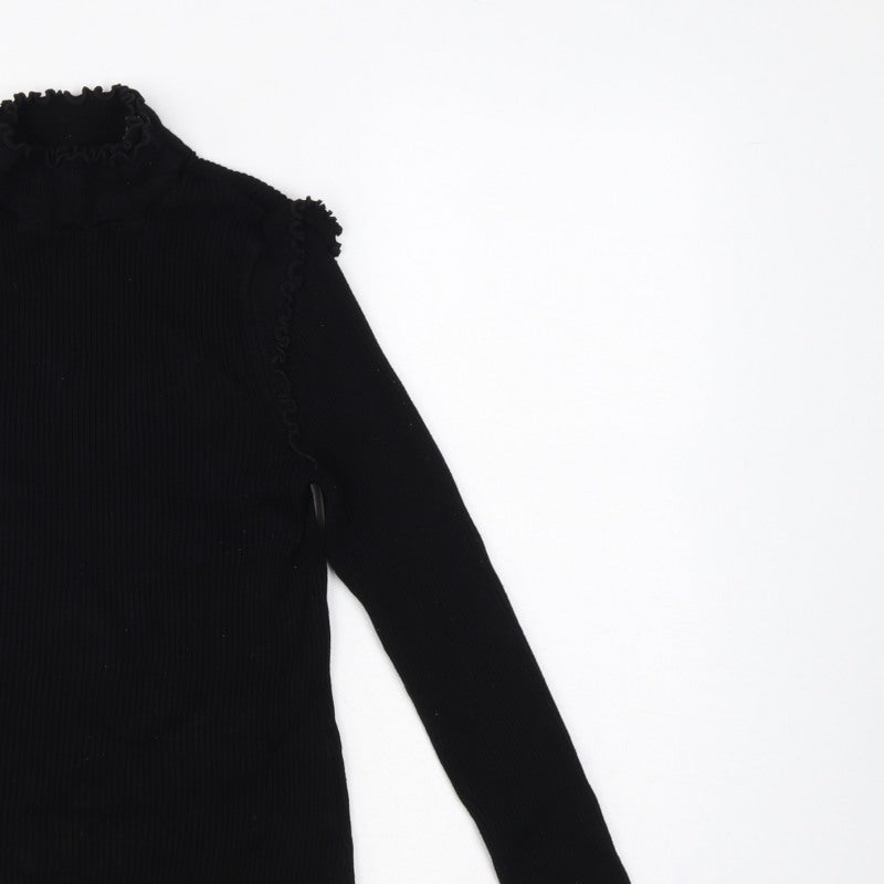 River Island Women Black UK 10 Ribbed High Neck Ruffle Jumper