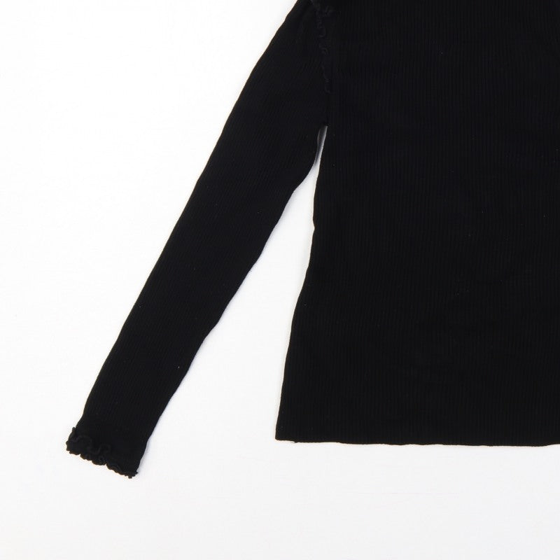 River Island Women Black UK 10 Ribbed High Neck Ruffle Jumper