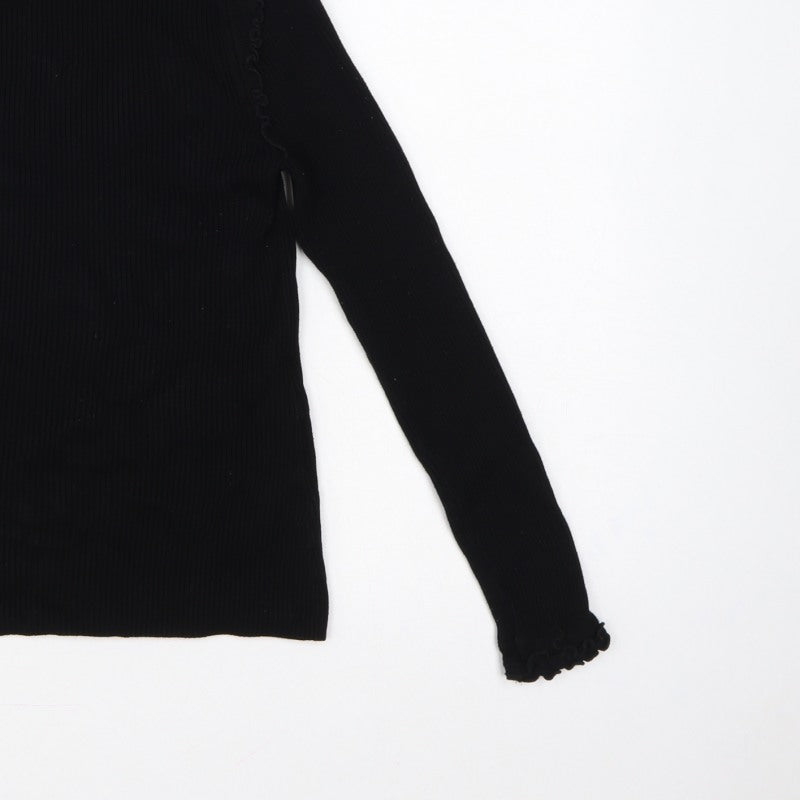 River Island Women Black UK 10 Ribbed High Neck Ruffle Jumper
