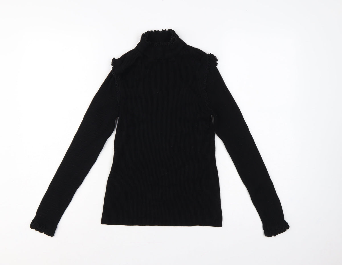 River Island Women Black UK 10 Ribbed High Neck Ruffle Jumper