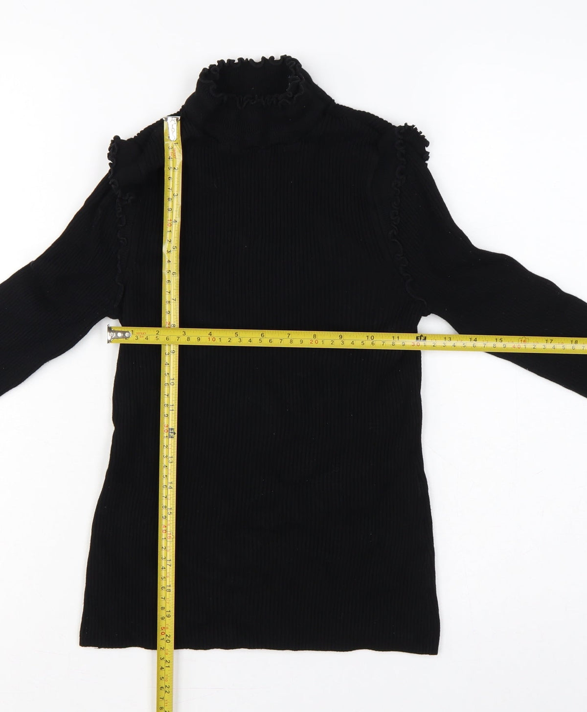 River Island Women Black UK 10 Ribbed High Neck Ruffle Jumper