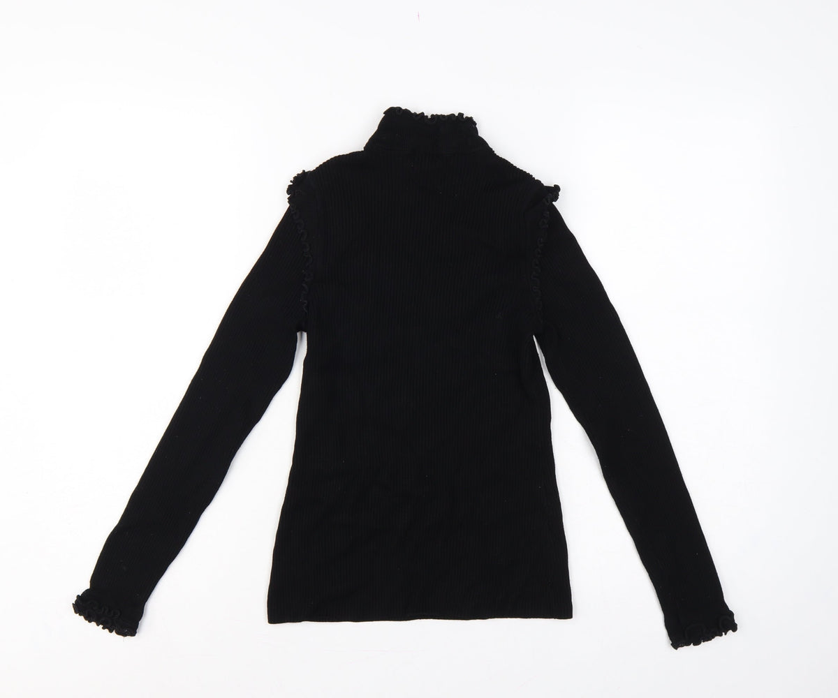 River Island Women Black UK 10 Ribbed High Neck Ruffle Jumper