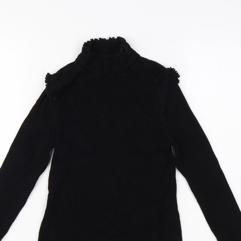 River Island Women Black UK 10 Ribbed High Neck Ruffle Jumper