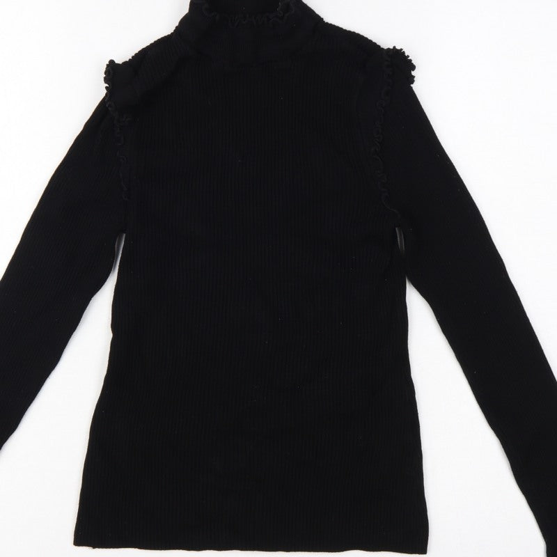 River Island Women Black UK 10 Ribbed High Neck Ruffle Jumper